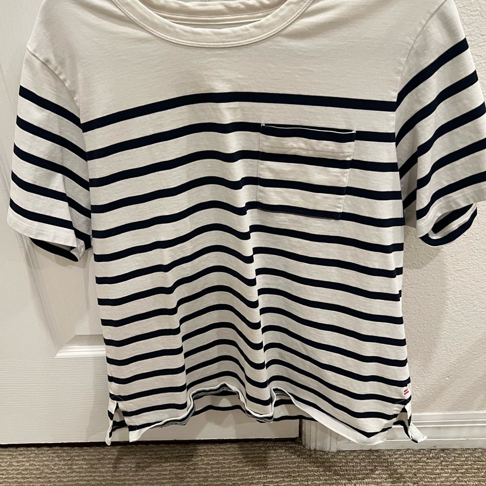 La Ligne White and Black Striped Short Sleeve Pocket Tee